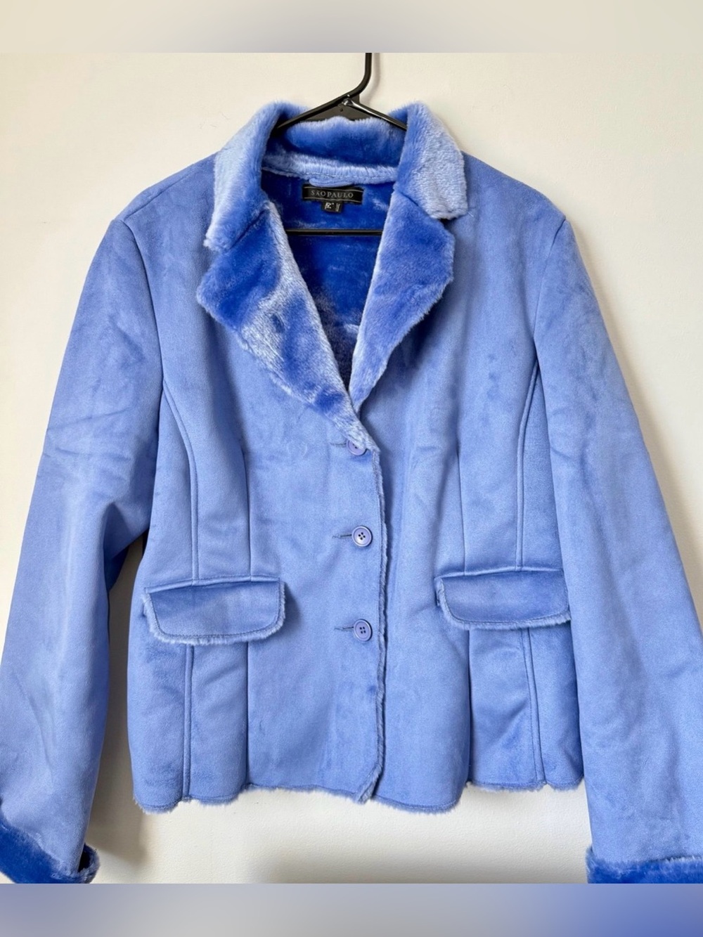 90s Vintage Blue Purple Faux Suede Shearling Coat São Paulo Size 12